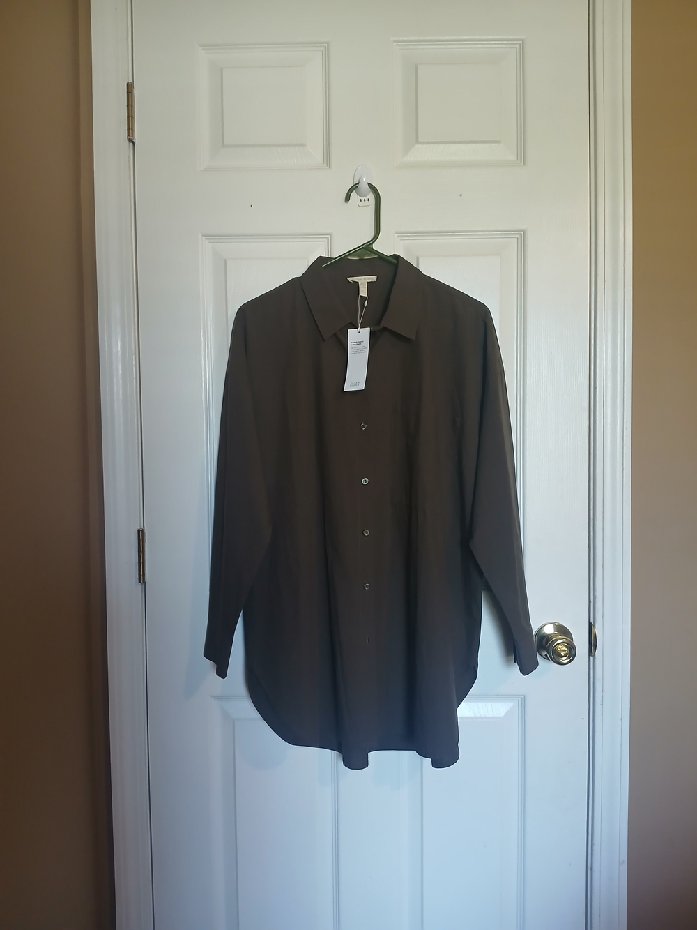 Eileen Fisher Wren Classic Collar Organic Cotton Long Shirt Women Green Size M